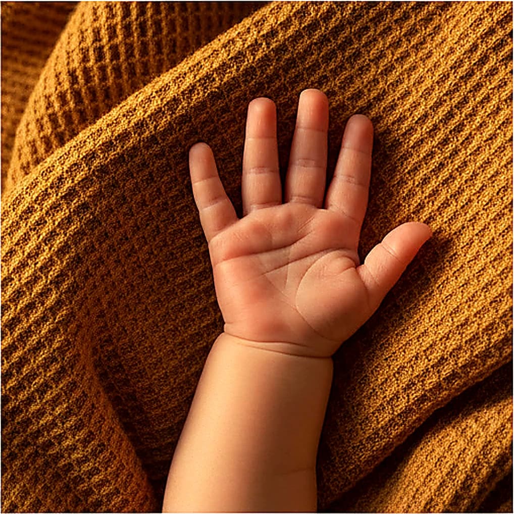 Main bébé sur tissu waffle bambou M!LK — douceur extrême